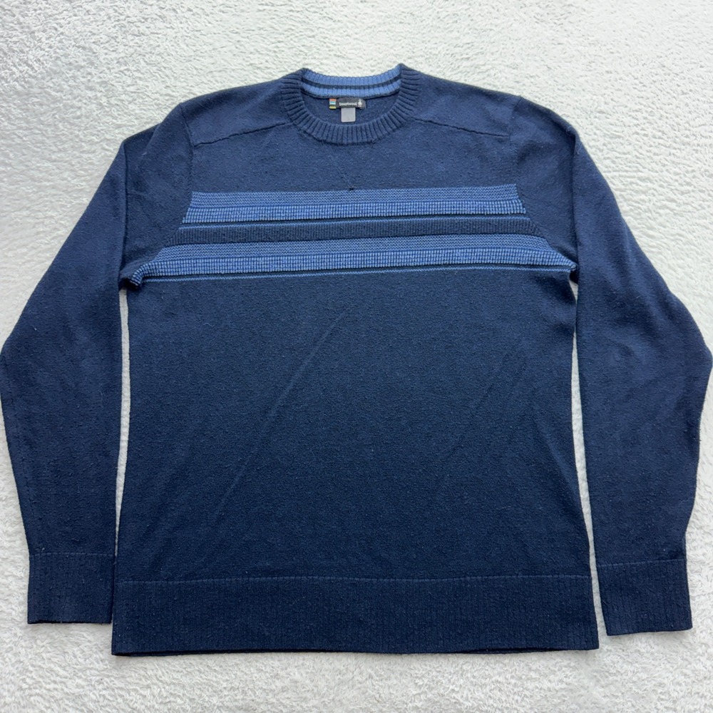 Smartwool Mens Small Navy Blue Striped Merino‎ Wool Blend Crewneck Sweater S